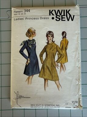 Vintage 1971 Kwik Sew 344 Ladies Princess Dress Pattern Size 18-22 Uncut Factory